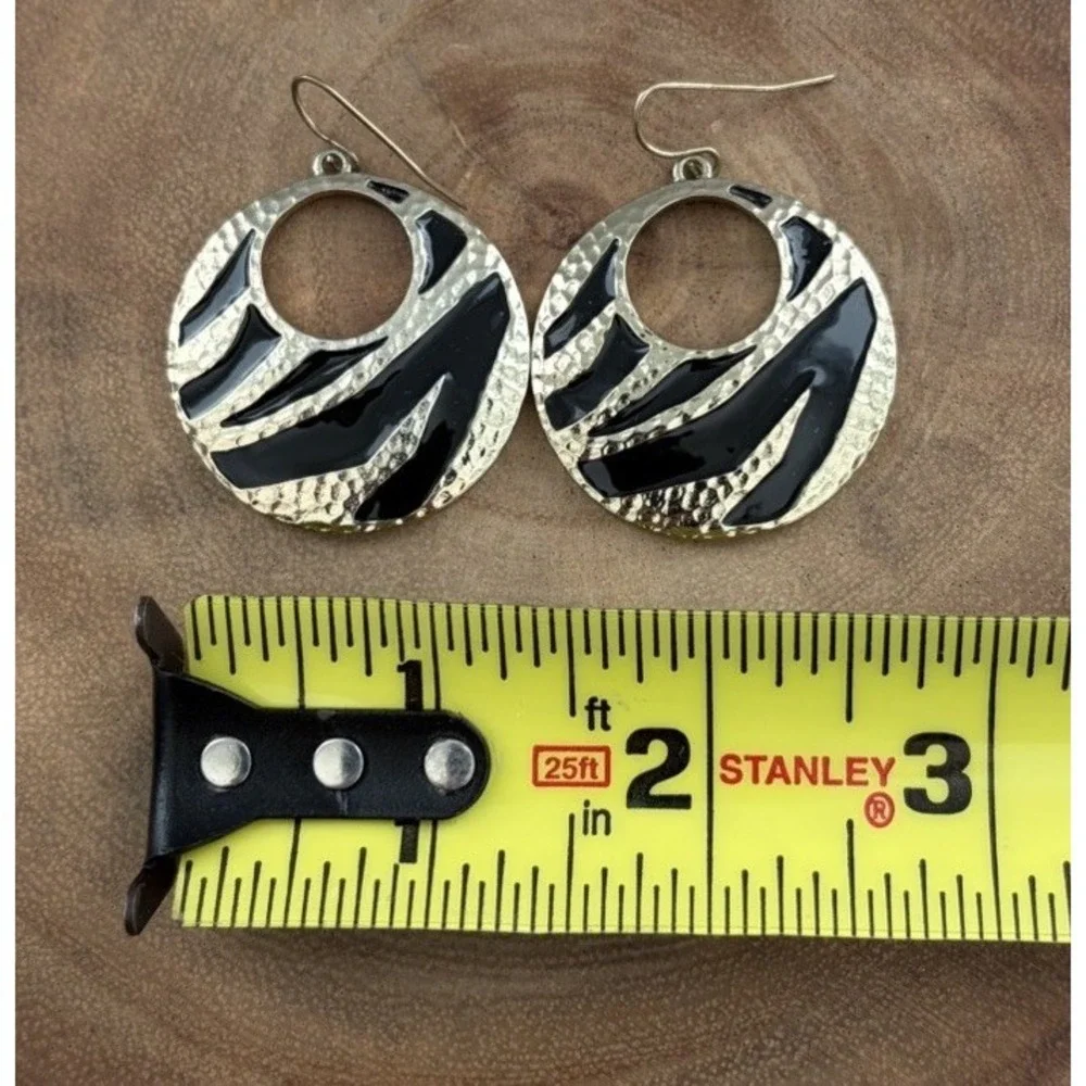 Round Zebra Print Dangle Drop Earrings Metal Gold & Black Half Moon Statement